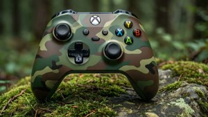 森林中長滿苔蘚的岩石上的迷彩Xbox手掣