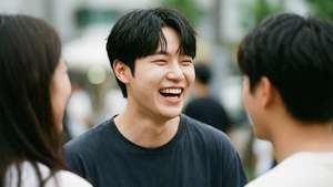 年輕男子在陽光明媚的街道上與朋友大笑