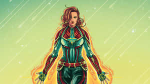 Captain Marvel 被火焰和流星環繞的宇宙場景。 — 漫威超級英雄 壁紙