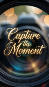 相機鏡頭帶有金色文字「capture the moment」和發光散景燈光