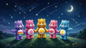 五隻Care Bears手牽手站在長滿草的山丘上，背景是繁星點點的夜空，有新月。