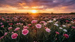 金色夕陽下帶有戲劇性雲彩的粉紅、白色和紅色康乃馨花田