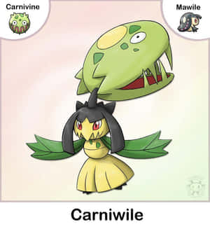 Carnivine 和 Mawile 融合成一個動漫風格的生物，擁有植物頭部和黃色連衣裙。 — 插畫 壁紙