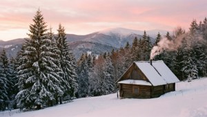 雪地森林中的一座木屋，日落時煙囪冒煙。