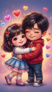 兩個微笑的孩子在漂浮的心形中溫暖地擁抱，場景充滿活力。