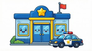 一個卡通警察局，有微笑的窗戶，外面停著一輛警車。