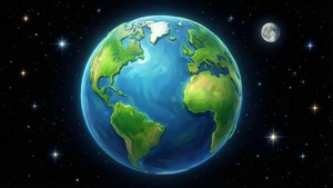 卡通地球和月球在星空之中，帶有發光的星星。