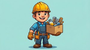 開心卡通建築工人拿著工具箱在藍色背景前