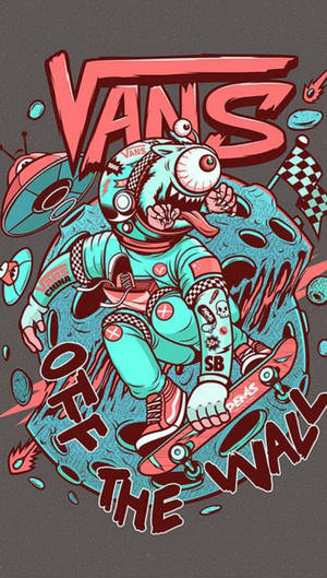 外星人滑板手戴著頭盔和 Vans 裝備，帶有 'Off The Wall' 標語。