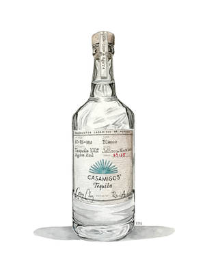 Casamigos龍舌蘭酒瓶的水彩插圖，帶有標籤和陰影。