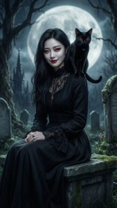 一位身穿黑色蕾絲裙的女子坐在墓碑上，一隻黑貓在她的肩膀上，滿月下。