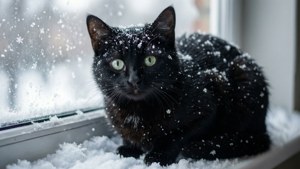 冬天時，一隻綠眼睛的黑貓坐在窗台的雪上。