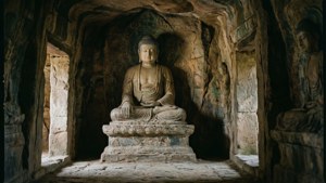 寧靜的石佛像雕刻在岩洞寺廟中，帶有柔和自然光。