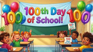 孩子們在教室裡用氣球和標語慶祝上學第100天。