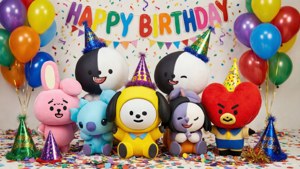 六個BT21毛絨角色用氣球、五彩紙屑和派對帽慶祝生日