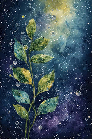一條綠色樹枝漂浮在星光燦爛的宇宙星雲中，帶有發光的氣泡