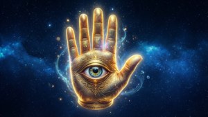 金色嘅手，中心有眼睛，以星空宇宙為背景