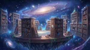 漂浮的圖書館，有書架和書籍，在繁星點點的星系天空下。