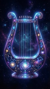 裝飾著星星和星系的發光豎琴漂浮在太空中