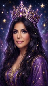 一位身穿紫色星袍、頭戴寶石皇冠的女士，背景是宇宙