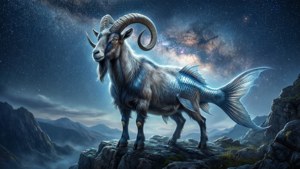 神話山羊魚尾站在峭壁星空夜空星系