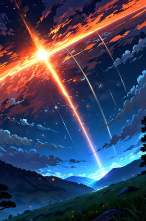 流星劃過暮色天空，下方山谷中閃爍著光芒。