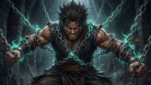 憤怒的戰士被發光的鎖鏈束縛在黑暗的石頭地牢中