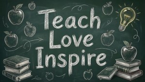 黑板上有文字 teach love inspire 以及蘋果、書本和燈泡的圖畫