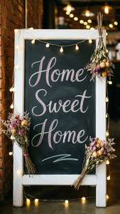 黑板，上面用粉紅色草書寫著「Home Sweet Home」，裝飾有燈串和乾花。