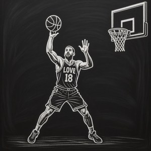 粉筆畫，籃球運動員身穿 LOVE 18 球衣向籃框投籃