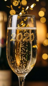 香檳杯帶有金色紙屑和側面刻有「2020」，用於新年慶祝