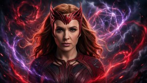 Wanda Maximoff 身穿紅色和紫色魔法盔甲，身後有旋轉的能量。