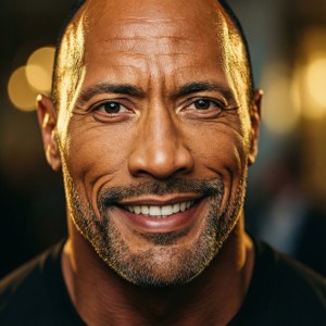 Dwayne Johnson 微笑，金色燈光同模糊背景
