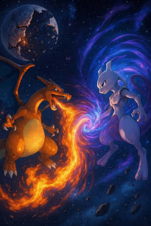 Charizard 和 Mewtwo 在太空中戰鬥，火焰和能量在他們之間旋轉。 — iPhone 4 壁紙