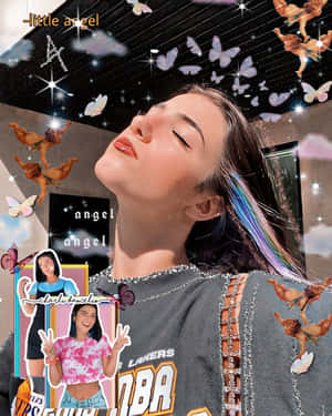 擁有彩虹頭髮的年輕女性在星空下被蝴蝶和小天使包圍。