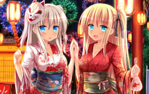 兩個穿著和服的動漫女孩在燈籠和煙火下夜間慶祝。