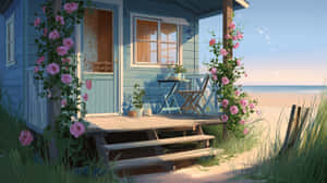 藍色海灘小屋門廊配粉紅玫瑰，俯瞰平靜海洋和天空