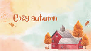 舒適的秋景，紅色穀倉和金色樹木在柔和天空下。