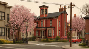 紅色維多利亞式房屋、櫻花樹和復古汽車在寧靜的街道上