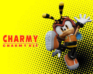 Charmy Bee 卡通角色在半空中跳躍，背景為黃色半色調和紅色文字。 — 5:4 壁紙