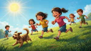 孩子們和一隻狗在陽光明媚的草地山坡上快樂地奔跑。