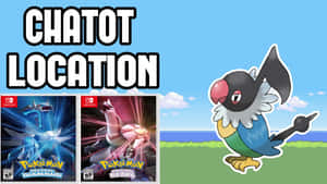 卡通角色Chatot指向Pokémon Diamond和Pearl遊戲封面旁邊。