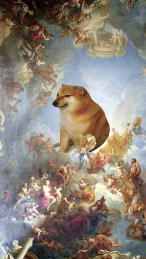 柴犬在經典的天堂壁畫中，與天使和神話人物一起。