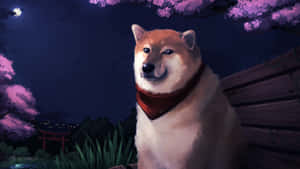 柴犬戴紅色頭巾，在櫻花和月光下。