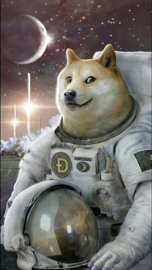 一隻穿著太空衣的柴犬在太空中微笑，旁邊有火箭和月亮。