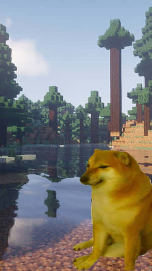 柴犬在Minecraft湖邊，有方塊樹木和晴朗天空