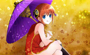 橙色頭髮的動漫女孩在金色花卉背景上手持紫色雨傘。 — Steam Deck 壁紙