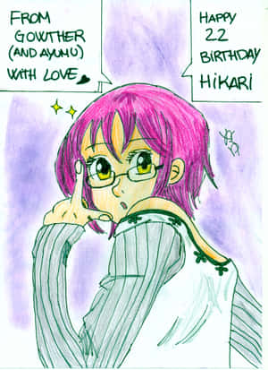 粉紅頭髮和眼鏡的動漫女孩為生日問候做出和平手勢 — Kindle 壁紙