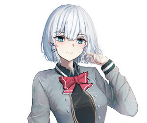動畫女孩，銀色頭髮和藍色眼睛，微笑著觸摸自己的頭髮。