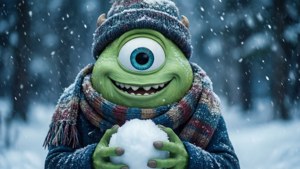 綠色獨眼怪物穿著冬季裝備在雪森林中拿著雪球